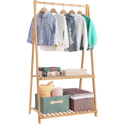 Small Clothes Rack Kids Dress Up Storage for Playroom, Toddlers Bedroom, Bamboo Child Garment Rack with 2 Tier Storage Shelf, Kids Clothing Rack Costumes Organizer