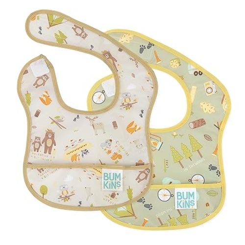 Bumkins Bibs, for Baby Girl or Boy, Infant 3-9 Months, Essential Must Have for Eating, Feeding, Baby Led Weaning Supplies, Mess Saving Waterproof Soft Fabric, Starter Bib 2-pk Camp Gear Green