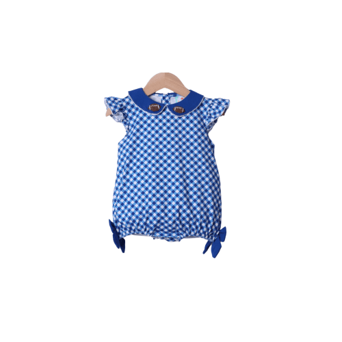 Blue Gingham Bow French Knot Football Bubble