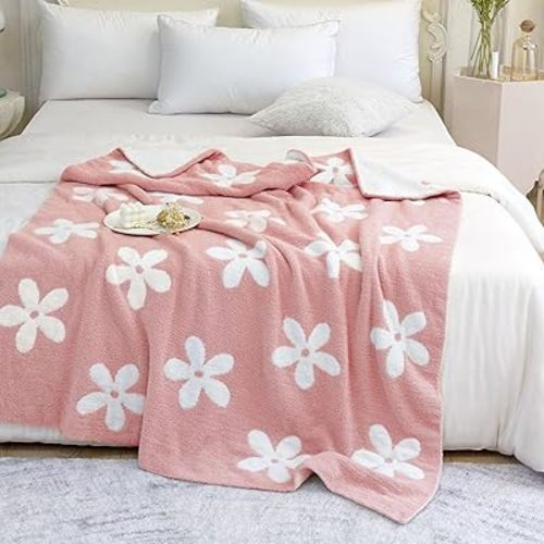 ITFRO Microfiber Floral Throw Blanket Soft Cozy Plant Sunflower Daisy Pink Fleece Knitted Blanket Lightweight Fluffy Camping Blanket for Couch Bed Sofa 50x60 Inches (Pink)