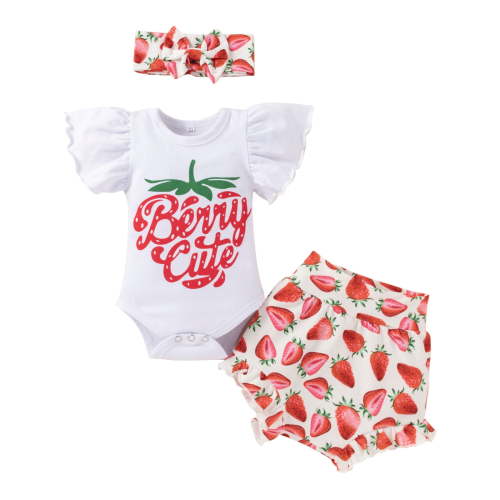 IBTOM CASTLE Newborn Baby Girls Casual Clothes Ruffles Sleeve Romper + Fruit Floral Bottoms Shorts + Headband 3PCS Summer Birthday Outfits 0-3 Months Strawberry