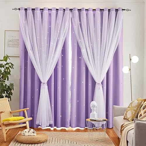Azurehop Lot de 2 rideaux occultants à œillets double couche pour chambre d'enfant, motif étoiles, violet, 132 x 213 cm (l x L)