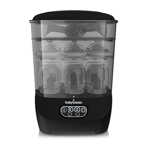 Baby Brezza Bottle Sterilizer and Dryer Advanced – 33% Faster - Largest Capacity Steam Sanitizer - Universal Sterilization Machine for All Bottles + Pump Parts - HEPA Air Filter, Black