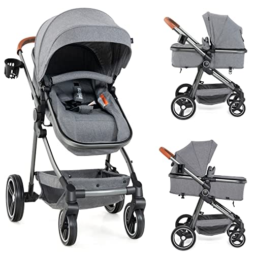 INFANS 2 in 1 Baby Stroller, Foldable High Landscape Shock Absorption with Reversible Seat, Newborn Convertible Stroller Bassinet for Infant and Toddler Pushchair (Light Grey)