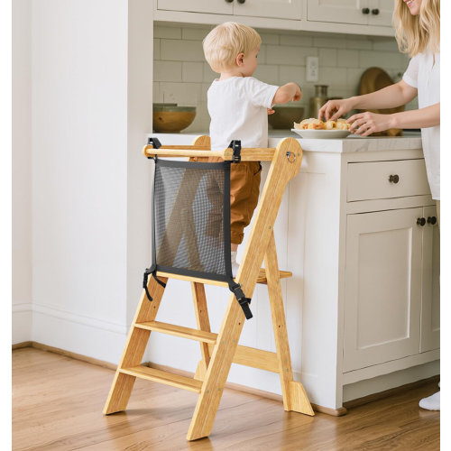 Harriet Bee 35.4'' Foldable Adjustable Toddler Stool with Safety Rail, Kids Wooden Learning Tower & Reviews | Wayfair