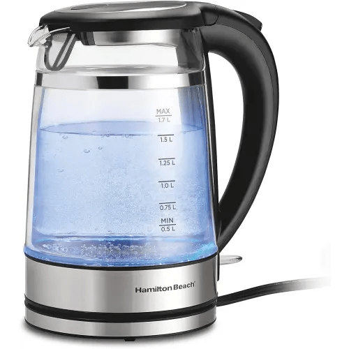 Hamilton Beach Double Wall 1.7L Electric Tea Kettle, Water Boiler & Heater, Built-In Mesh Filter, Auto-Shutoff & Boil-Dry Protection, Cordless Serving, Variable LED Indicator, Glass (40850)