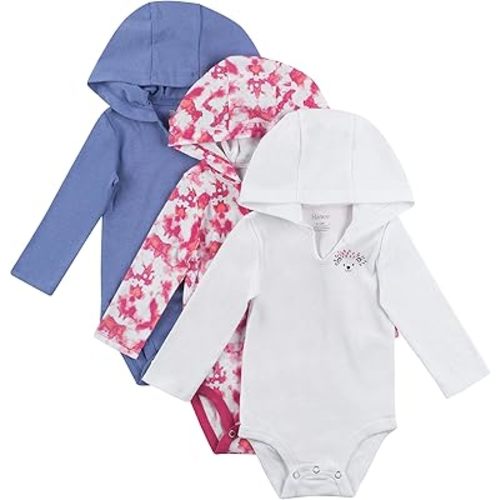 Hanes Unisex Baby Bodysuits, Ultimate Flexy Hoodie Long Sleeve Babies And Toddlers, 3-pack, Purple/Pink, 12-18 Months US