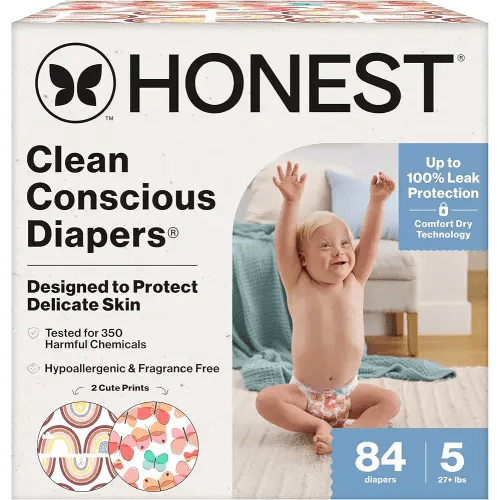The Honest Company Comfort Dry Disposable Diapers for Sensitive Skin, Hypoallergenic, Wingin' It + Catching Rainbows, Super Club Box Size 5 (27 lbs) 84 Count