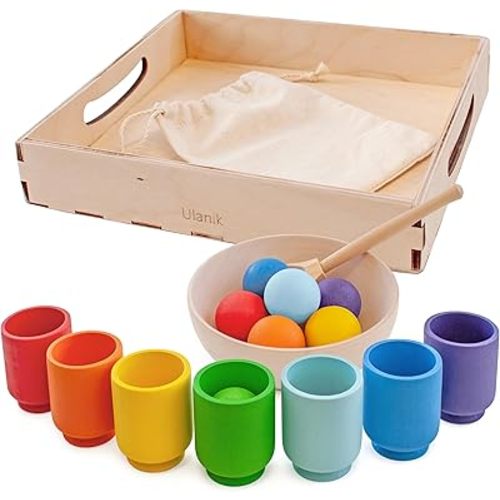 Ulanik Small Rainbow Balls in Cups Toddler Montessori Toys for 1+ Year Old Kids Wooden Matching Game for Learning Color Sorting and Counting — 7 Balls, 1.18 in