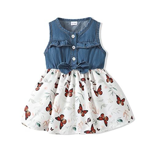 Renotemy Toddler Baby Girl Clothes Summer Denim Sleeveless Dress Outfits | Infant Baby Girls Dresses, Spring Summer Button Down Jeans Outfits, Cute Sleeveless Demin Sundress with Bow