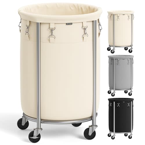 SONGMICS 18.5-Gallon (70 L) Laundry Basket with Wheels, Rolling Round Heavy-Duty Laundry Hamper Cart with Steel Frame and Removable Bag, 2 Locking Wheels, Cream White and Metallic Silver URLS006W01