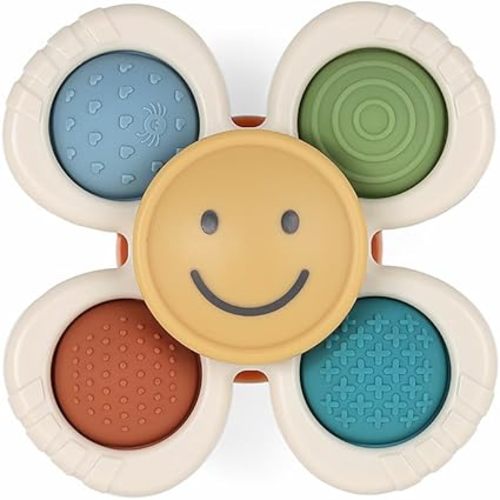 Itzy Ritzy Pop & Whirl – Fidget Spinner Travel & Bath Toy for Babies & Toddlers – Fidget w/Textured Silicone Poppers to Develop Fine Motor Skills – Sticks to Highchairs, Tables, Tubs More (Smile)