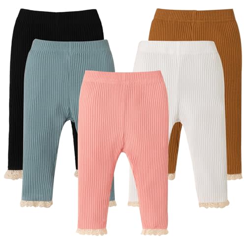 DREAM BUS 5 Pack Baby Girl Pants Toddler Girl Solid Ribbed Pants with Lace Trim Newborn Cotton Leggings Infant Jogger Pants