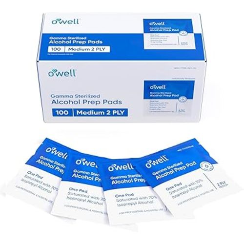 OWELL Prep Pads - 100 Individually Wrapped Sterile Alcohol Wipes, Medium 2-Ply Antiseptic Wipes for Disinfecting Skin, First Aid Kit Alcohol Swabs (100 Count)