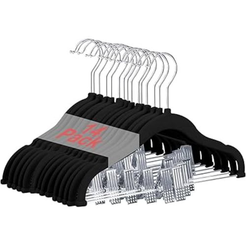 Baby Clothes Hangers with Clips, 14 Packs Kids Velvet Clothes Hangers, Heavy-Duty Childrens Hangers, Storage Organizer Clothing Hangers for Shirts, Pants, Skirts, Dresses, Jackets, Coat Black