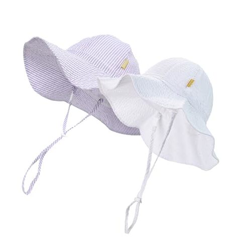 DASMINI Baby & Toddler Wide Brim Sun Hats UPF 50+ Sun Protection Bucket Cap Cute Adjustable Hat in Seersucker
