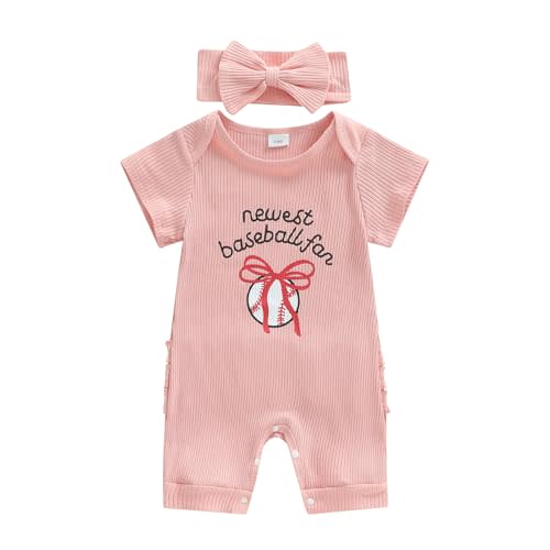 Baby Girl Baseball Outfits Newborn Jumpsuit 0-18M | Short Sleeve Crewneck Letter Embroidery Bow Romper with Headband Set, Infant Summer Clothes, Casual Wear