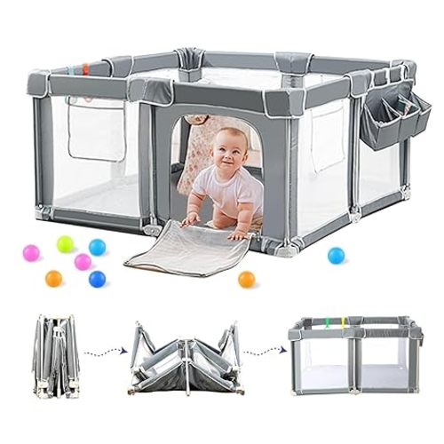 CAPAKIDS Foldable Baby Playpen 59"×71" with Mat, Out-of-The-Box Ready Playpen for Babies and Toddlers, Portable Play Yard with Breathable Mesh & Gates, Storage Bag & 4 Handlers for Indoor & Outdoor