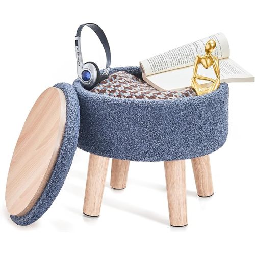 Poofzy Small Ottoman with Storage, Small Foot Stool Ottoman with Wood Legs, Sherpa Foot Rest for Couch, Living Room and Bedroom - Navy Blue