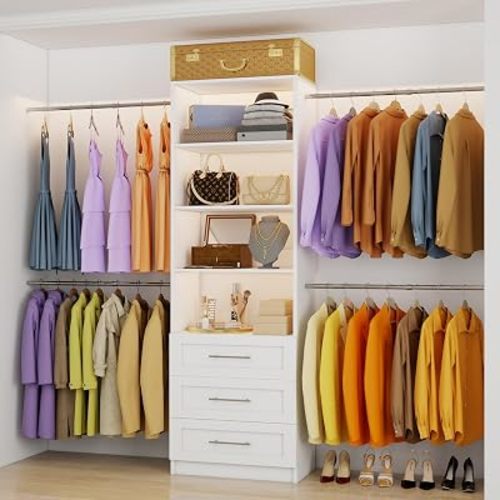 Closet System, 5FT-9FT Closet Organizer System with 4 Expandable Hanging Rods and Moveable Shelves, 115" Walk in Closet System with 3 Wooden Drawers, Custom Built in Closet, Wall Mount
