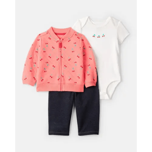 Baby Girl 3-Piece Cherry Quilted Cardigan Outfit Set - Pink | Carter's