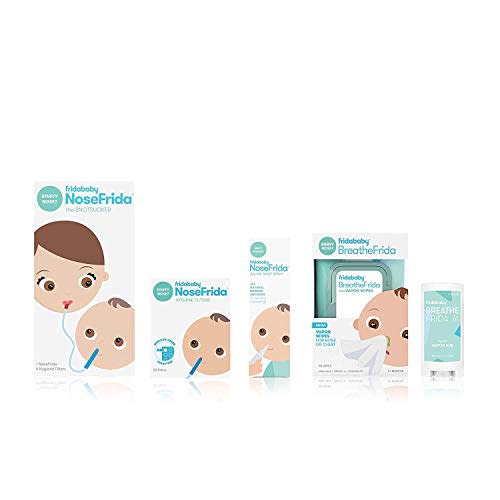 Frida Baby Cold & Flu Relief Set, Congestion Kit, Vapor Nose & Chest Wipes | Includes NoseFrida Nasal Aspirator, Hygiene Filter, Saline Spray, Vapor Rub & Chest Wipes