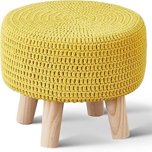 Small Ottomans, 100% Hand Knitted Pouf, Round Footrest with 4 Non-Skid Wood Legs, Boho Décor Cotton Rope Pouffe Beside Sofa, Leisure Floor Step Chair for Living Room (Yellow)