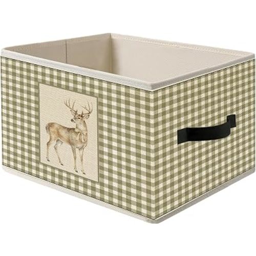 Green Deer Fabric Foldable Storage Bin Basket with Handles