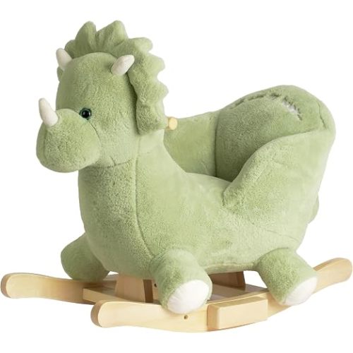 Rocking Horse Green Dinosaur with Chair, Plush Stuffed Rocker for Toddlers 1-3, Baby Rocker with Sweet Music, Wooden Ride-On Toy,(Green Dinosaur) CPC Certified