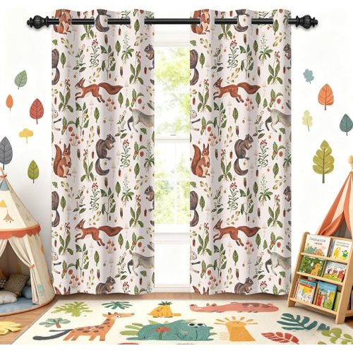 Forest Animals Wildflower Nursery Blackout Curtains for Kids Room, Rustic Squirrel Rabbit Print with Grommets Window Drapes Darkening Curtains for Bedroom Living Room 2 Panels Set, 42x84 Inch