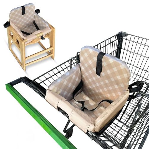 Shopping Cart Seat Cover for Baby, High Chair & Grocery Seat Protector, Padded Chair Covers for Restaurant Seats, Unisex Machine Washable Grocery Cart Liner & Swing Insert – Beige Checkered