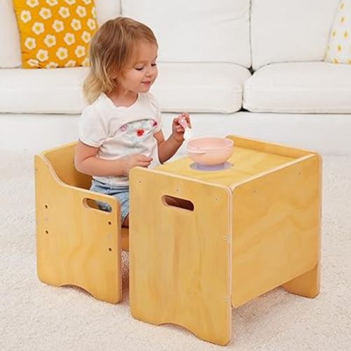 MallBest Montessori Weaning Table and Chair Set, Adjustable Height Wooden Toddler Table, 3-Position Seat Cube Chair, Solid Wood Kids Activity Furniture for Self-Feeding, Drawing & Learning