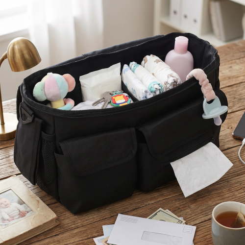 Large Capacity Stroller Organizer,Waterproof Stroller Caddy with Adjustable Strap 2 Cup Holder for Baby Essential,Solid Black