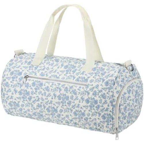 Blue Floral Quilted Duffle Bag for Women Cotton Large Floral Travel Duffle Dance Bag with Adjustable Carry Strap and Handy Pouch Backpack for Dancers Travel