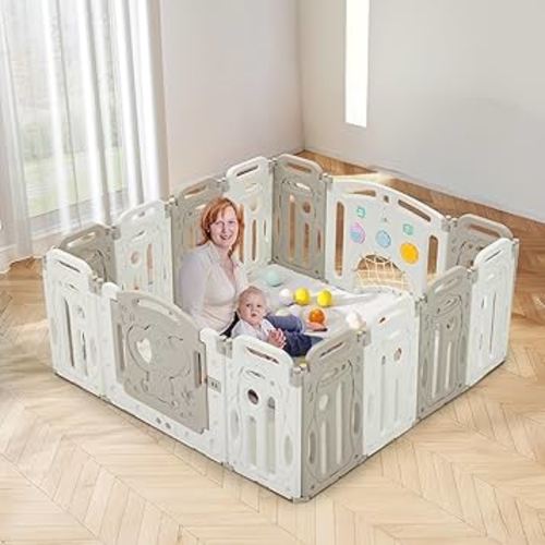 Baby Playpen,Foldable Plastic Playpen for Babies and Toddlers,14 Panels Fence with Lockable Door,Music Player,Soccer Net,Spinning Gears,Gray and White