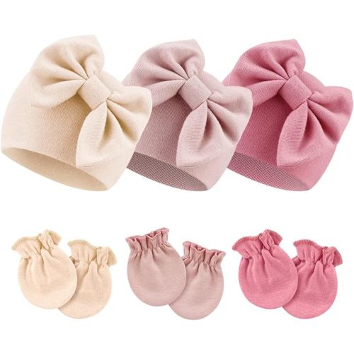 DRESHOW BQUBO Newborn Baby Hospital Hats Beanie Bow Infant Caps Baby Cotton No Scratch Mittens Set for 0-6 Months