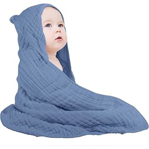 Yoofoss Hooded Baby Towels for Newborn 100% Muslin Cotton Baby Bath Towel with Hood for Babies, Infant, Toddler and Kids, Large 32x32Inch, Soft and Absorbent Newborn Essential,Dark Blue