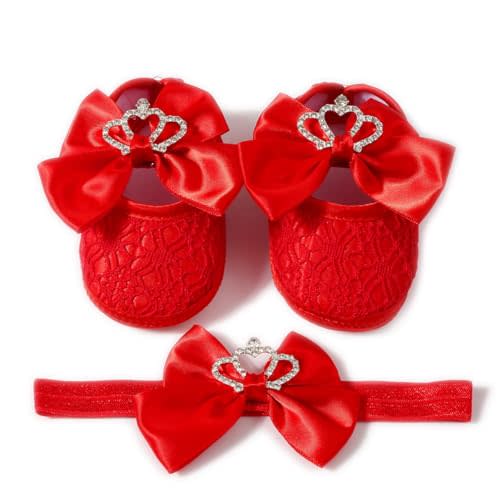 TsQiiane Newbron Baby Girls Mary Jane Shoes with Headband Soft Sole Anti-skidding Crown Bowknot Lace Princess Flats Infant Shower Wedding Dress Crib Shoes