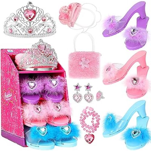Princess Dress Up Shoes Pretend Play Jewelry Toys Set 3 Pairs of Shoes with Tiara Earrings Necklaces Ring Role Play Set for Little Girls Aged 3-6 Years Old