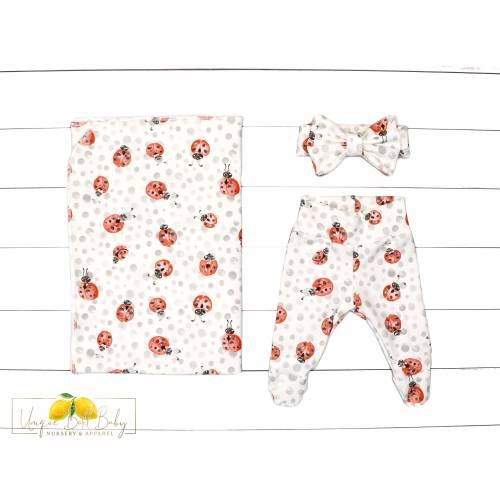 Ladybug - Handmade Cotton Swaddle + Outfit Set | Newborn Size Footie Pants, Hat, Headband Bow, Swaddle Blanket