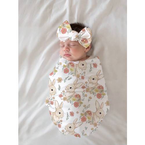 SHEIN Newborn Photography Props Set, Bunny Pattern Printed Summer Infant Baby Swaddle Wrap + Headband | SHEIN USA