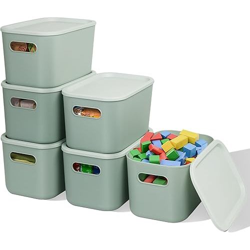 Soddeph 6 Pack Plastic Storage Bins with Lids, Stackable Storage Container Box for Organizing, Shelves,Home, Kitchen,Office, Closet, Playroom(Green, 6 PACK)