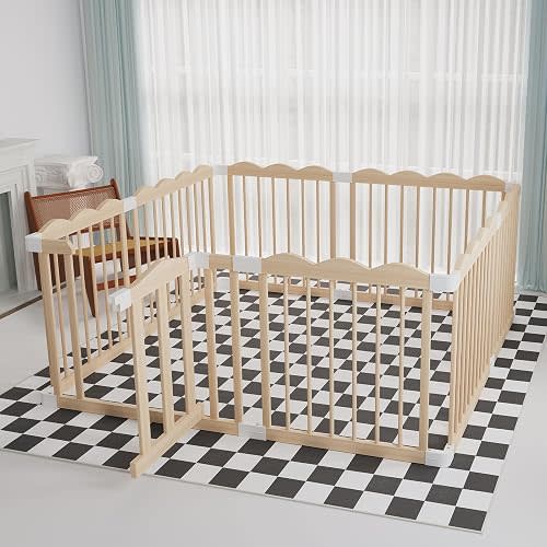 HUTOCADA Wooden Baby Playpen 50x65x24In Adjustable Play Yard with Lock Gate