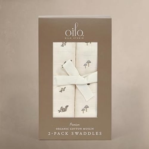 Oilo Premium Muslin Swaddle Blanket Set, Breathable 100% Organic Cotton 4-Way Muslin, Soft Large Receiving Blanket (46" x 46"), 2-Pack, Heirloom Organic Collection, Mushroom & Squirrel
