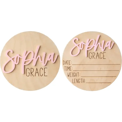 Personalized Newborn Announcement Sign for Hospital - Wooden Birth Announcement Sign for Hospital - Baby Name Announcement Sign - Baby Milestone Signs - Boy Girl - Double Sided CIRCLE