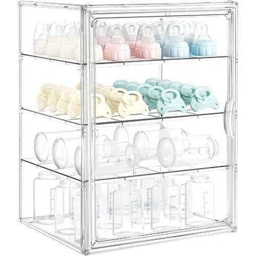 HBlife Baby Bottle Storage Organizer for Countertop Cabinet, 4 Tiers Adjustable Clear Acrylic Bottles Storage Station Case Box Container with 3 Removable Dividers and Magnetic Door, X-Large