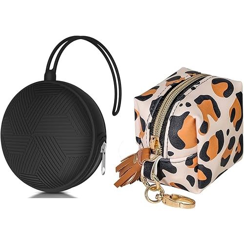 Smlpuame 2 Pack Pacifier Holder Case, BPA Free Silicone & Faux Leather Baby Pacifier Pouch and Case for Diaper Bags, Outdoor Travel Accessories, Portable and Easy to Clean(Black & Leopard)