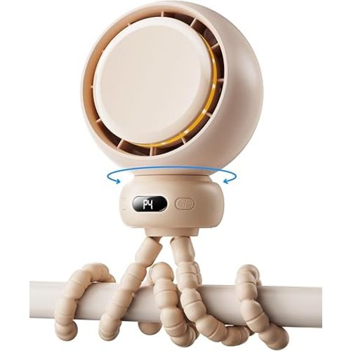 Mini Portable Stroller Fan – 60° Auto Oscillation, Quiet USB-C Rechargeable Baby Fan, 4 Speeds, Night Light & Warning Light, Flexible Tripod for Stroller, Car Seat, Crib, Camping (Brown)