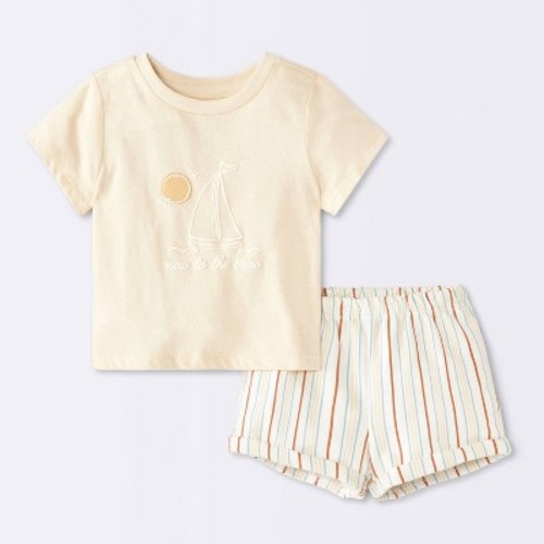 Baby Boys' 2pc Sailboat Graphic Short Sleeve T-Shirt and Shorts Set - Cloud Island™ Beige 0-3M