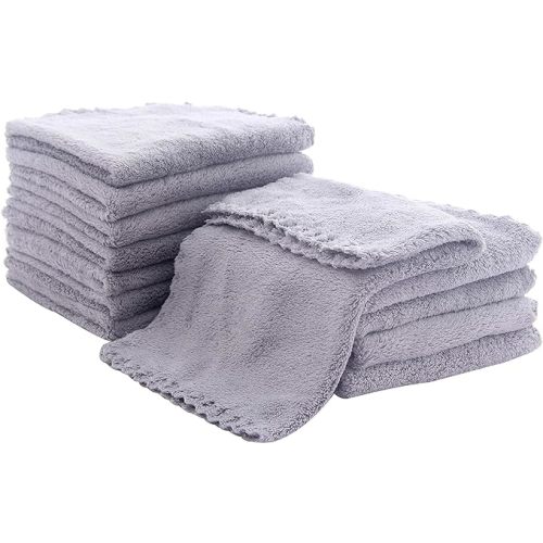 Soft 12 Pack Baby Washcloths - Extra Absorbent Wash Clothes for Newborns, Infants and Toddlers - Suitable for Baby Skin and New Born - Microfiber Coral Fleece 12x12 Inches (Grey)